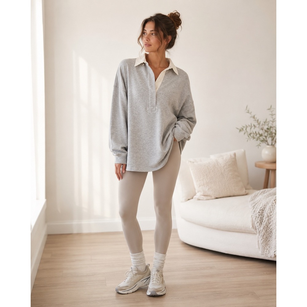 Aerie Womens Long Sleeve Rugby Sweatshirt Heather Grey Oversized M W4 - Picture 2 of 9